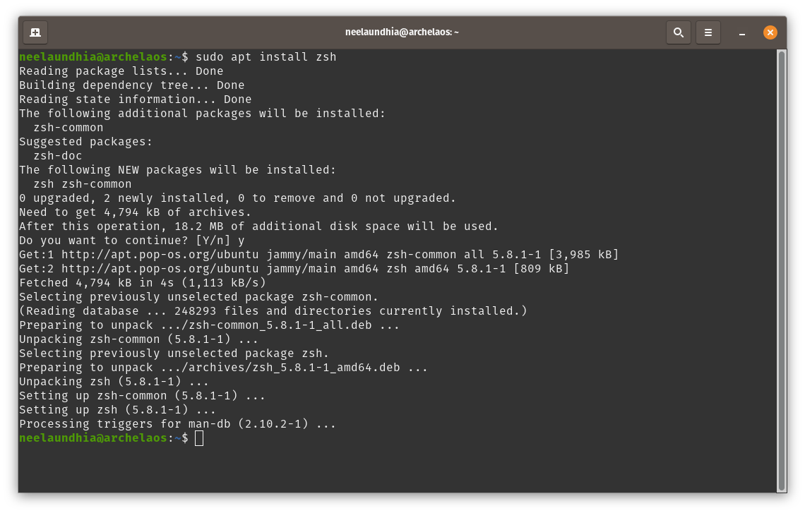 Running the command sudo apt install zsh on a Linux terminal.