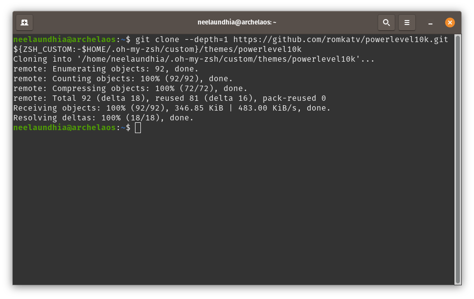 Running the command to install PowerLevel10K i.e. git clone --depth=1 https://github.com/romkatv/powerlevel10k.git ${ZSH_CUSTOM:-$HOME/.oh-my-zsh/custom}/themes/powerlevel10k