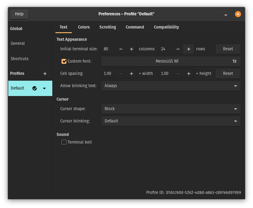 Changing the font of the terminal application to MesloLGS NF.